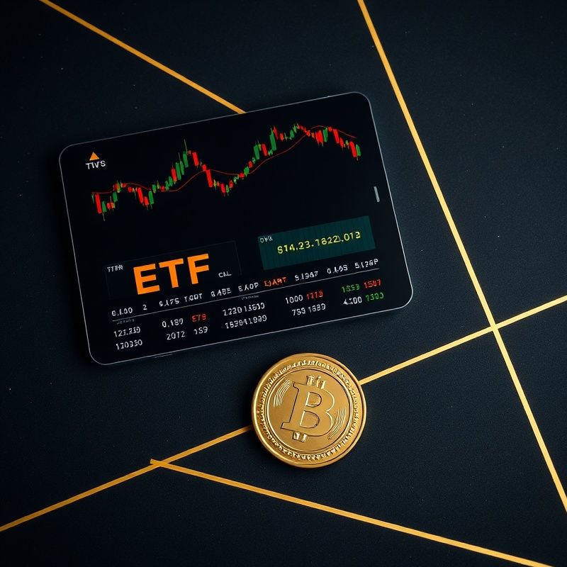 Editorial zátiší burzovního displeje s ETF tickery a českou korunou