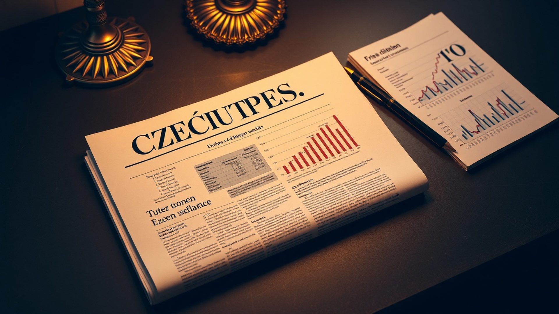 Editorial zátiší s novinami, tužkou a grafy na charcoal-zlatém stole
